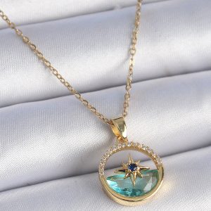 316L Çelik Zincir Gold Renk Zirkon Taşlı Deniz Görünüm Kutup Yıldız Model Kadın Kolye - Görsel 1