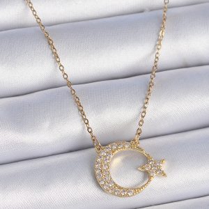 316L Çilek Zincir Gold Renk Zirkon Taşlı Ay Yıldız Model Kadın Kolye - Görsel 1