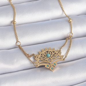 316L Çelik Gold Renk Mavi Taşlı Etnik Desen Kadın Bileklik - Görsel 1