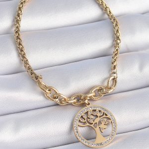 316L Çelik Gold Renk Zirkon Taşlı Yaşam Ağacı Figür Kadın Bileklik - Görsel 1