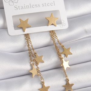 316L Çelik Gold Renk Yıldız Model Çoklu Sallantı Yıldız Kadın Küpe - Görsel 1