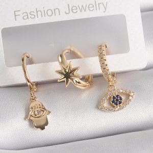 Pirinç Gold Renk Zirkon Taşlı Göz Fatma Ana El Figür Kadın Küpe - Görsel 1