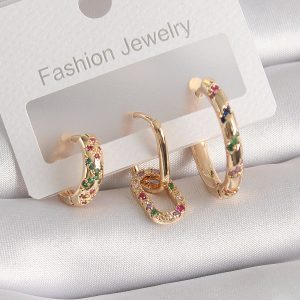 Pirinç Gold Renk Renkli Zirkon Taşlı Halka Model Kadın Küpe - Görsel 1