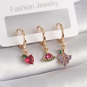 Pirinç Gold Renk Halka Model Renkli Zirkon Taşlı Meyve Model Kadın Küpe - Görsel 1