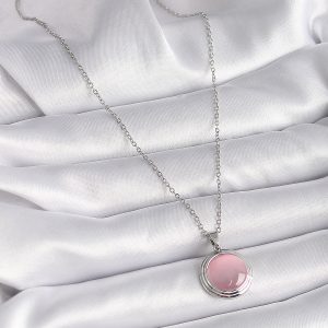 316L Çelik Gümüş Renk Daire Pembe Sedefli Model Kadın Kolye - Görsel 2