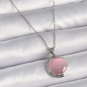 316L Çelik Gümüş Renk Daire Pembe Sedefli Model Kadın Kolye - Görsel 1