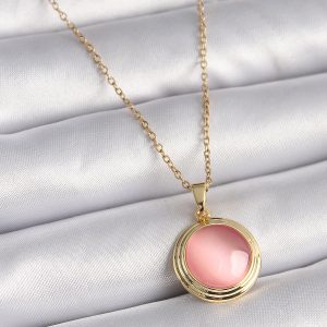 316L Çelik Gold Renk Pembe Sedefli Daire Model Kadın Kolye - Görsel 1