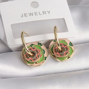 Pirinç Gold Renk Pembe Yeşil Renkli Motif Model Kadın Küpe - Görsel 1