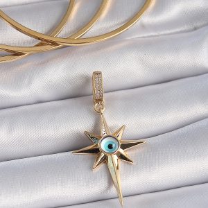 Pirinç Gold Renk Zirkon Taşlı Kutup Yıldızı Nazar Boncuk Detay Ajda Charm - Görsel 1