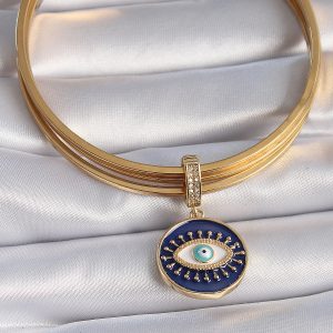 Pirinç Gold Renk Zirkon Taşlı Nazar Boncuk Detaylı Göz İşlemeli Ajda Charm - Görsel 2