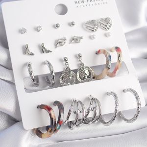 Pirinç Gümüş Renk Zirkon Taş Detaylı 12 Çift Kadın Küpe - Görsel 1