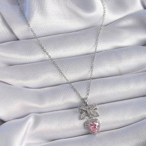 316L Çelik Gümüş Renk Zincir Zirkon Taşlı Kurdele Pembe Kalp Model Kadın Kolye - Görsel 2