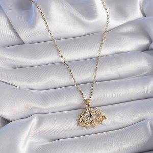 316L Çelik Gold Renk Zincir Zirkon Taşlı Göz Figür Kadın Kolye - Görsel 2