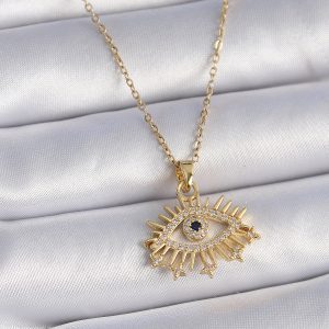 316L Çelik Gold Renk Zincir Zirkon Taşlı Göz Figür Kadın Kolye - Görsel 1
