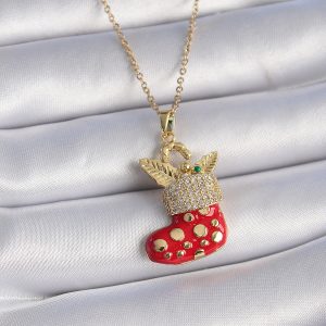 316L Çelik Gold Renk Zincir Zirkon Taşlı Yılbaşı Temalı Kırmızı Noel Çorabı Figür Kadın Kolye - Görsel 1
