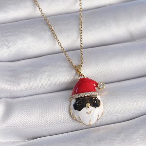 316L Çelik Gold Renk Zincir Zirkon Taşlı Yılbaşı Temalı Noel Baba Figür Kadın Kolye - Görsel 1