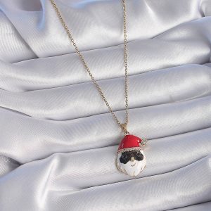 316L Çelik Gold Renk Zincir Zirkon Taşlı Yılbaşı Temalı Noel Baba Figür Kadın Kolye - Görsel 2