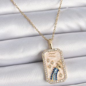 316L Çelik Gold Renk Zincir Kova Burcu Zirkon Taşlı Kadın Kolye - Görsel 1