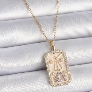 316L Çelik Gold Renk Zincir Terazi Burcu Zirkon Taşlı Kadın Kolye - Görsel 1