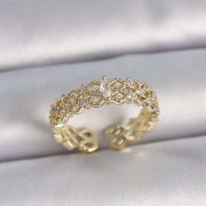 Pirinç Gold Renk Zirkon Taşlı Zikzak Ayarlanabilir Model Kadın Yüzük - Görsel 1