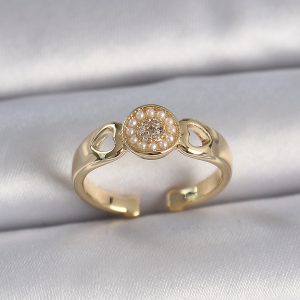 Pirinç Gold Renk Zirkon Taşlı İncili Kalp İşleme Detay Ayarlanabilir Kadın Yüzük - Görsel 1