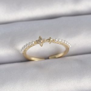 Pirinç Gold Renk Zirkon Taşlı Yıldız Sıralı İncili Ayarlanabilir Model Kadın Yüzük - Görsel 1