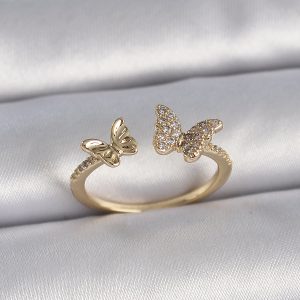 Pirinç Gold Renk Ayarlanabilir Zirkon Taşlı Kelebek Model Kadın Yüzük - Görsel 1