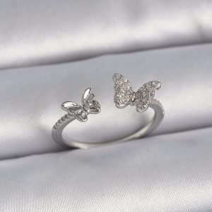 Pirinç Gümüş Renk Ayarlanabilir Zirkon Taşlı Kelebek Model Kadın Yüzük - Görsel 1