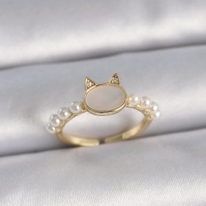 Pirinç Gold Renk Ayarlanabilir Beyaz Mineli Kedi Model İnci Detay Kadın Yüzük - Görsel 1
