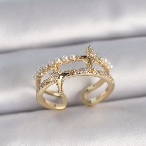 Pirinç Gold Renk Ayarlanabilir Zirkon Taşlı İncili Yıldız Model Kadın Yüzük - Görsel 1