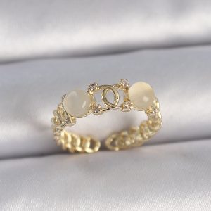Pirinç Gold Renk Ayarlanabilir Zirkon Taşlı Beyaz Mineli Birleşik Halka Model Kadın Yüzük - Görsel 1
