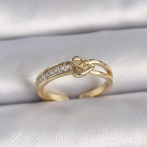Pirinç Gold Renk Ayarlanabilir Zirkon Taşlı Düğüm Kalp Model Kadın Yüzük - Görsel 1