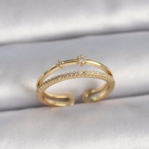 Pirinç Gold Renk Ayarlanabilir Zirkon Taşlı Kadın Yüzük - Görsel 1
