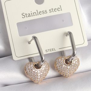 316L Çelik Mix Renk Gold Renk Altın Zirkon Taşlı Kalp Model Kadın Küpe - Görsel 1