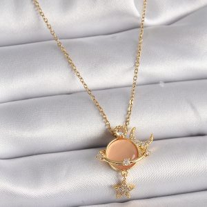 316L Çelik Gold Renk Zincir Zirkon Taşlı Krem Renk Mineli Gezegen Model Kadın Kolye - Görsel 1