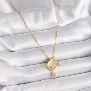 316L Çelik Gold Renk Zincir Zirkon Taşlı Sarı Mineli Ay Yıldız Model Kadın Kolye - Görsel 2
