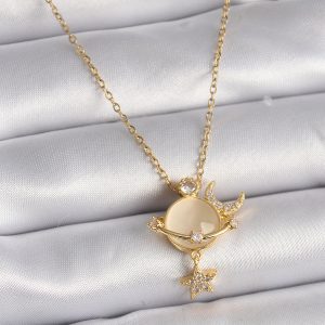 316L Çelik Gold Renk Zincir Zirkon Taşlı Sarı Mineli Ay Yıldız Model Kadın Kolye - Görsel 1