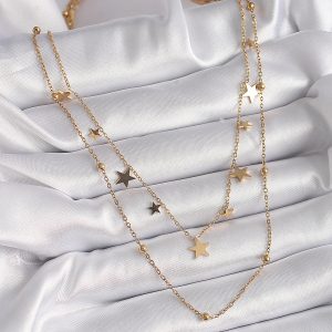 316L Çelik Gold Renk Zincir 2'Li Yıldız Model Topçuk Detay Kadın Kolye - Görsel 2