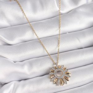316L Çelik Gold Renk Zincir Zirkon Taşlı Mix Renk Güneş Model Kadın Kolye - Görsel 2