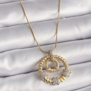 316L Çelik Gold Renk Zincir Gümüş Zirkon Taşlı Madalyon Model Kadın Kolye - Görsel 1