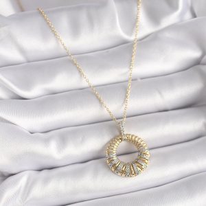 316L Çelik Gold Renk Zincir Gümüş Zirkon Taşlı Daire Model Kadın Kolye - Görsel 2