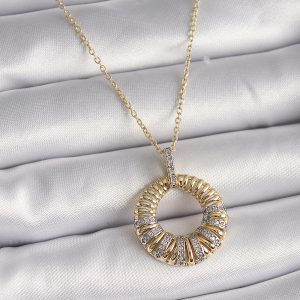 316L Çelik Gold Renk Zincir Gümüş Zirkon Taşlı Daire Model Kadın Kolye - Görsel 1