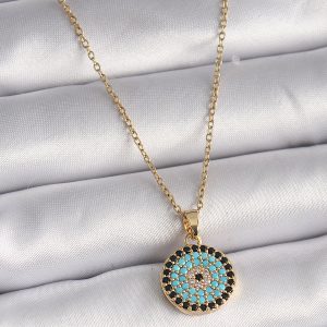 316L Çelik Gold Renk Zincir Zirkon Taşlı Nazar Boncuk Madalyon Model Kadın Kolye - Görsel 1