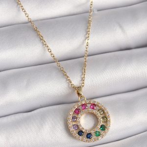 316L Çelik Gold Renk Zincir Renkli Zirkon Taşlı Madalyon Model Kadın Kolye - Görsel 1