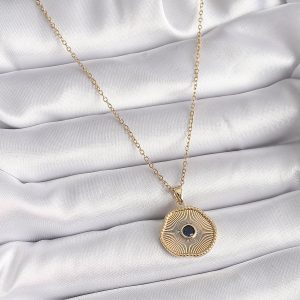 316L Çelik Gold Renk Zincir Siyah Zirkon Taş Madalyon Model Kadın Kolye - Görsel 2
