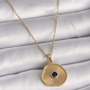 316L Çelik Gold Renk Zincir Siyah Zirkon Taş Madalyon Model Kadın Kolye - Görsel 1