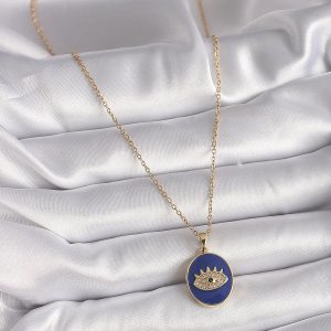 316L Çelik Gold Renk Zincir Mavi Mineli Zirkon Taşlı Göz İşleme Kadın Kolye - Görsel 2