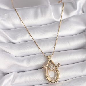 316L Çelik Gold Renk Zincir Zirkon Taşlı Vintage Model Kadın Kolye - Görsel 2