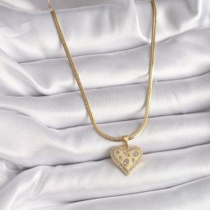 316L Çelik Gold Renk İtalyan Zincir Zirkon Taşlı Kalp Figür Kadın Kolye - Görsel 2