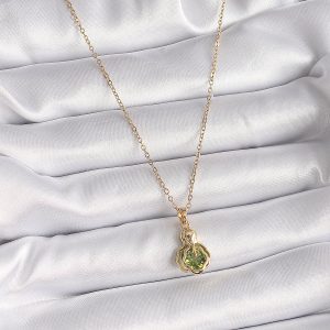 316L Çelik Gold Renk Zincir Yeşil Zirkon Taşlı Vintage Model Kadın Kolye - Görsel 2